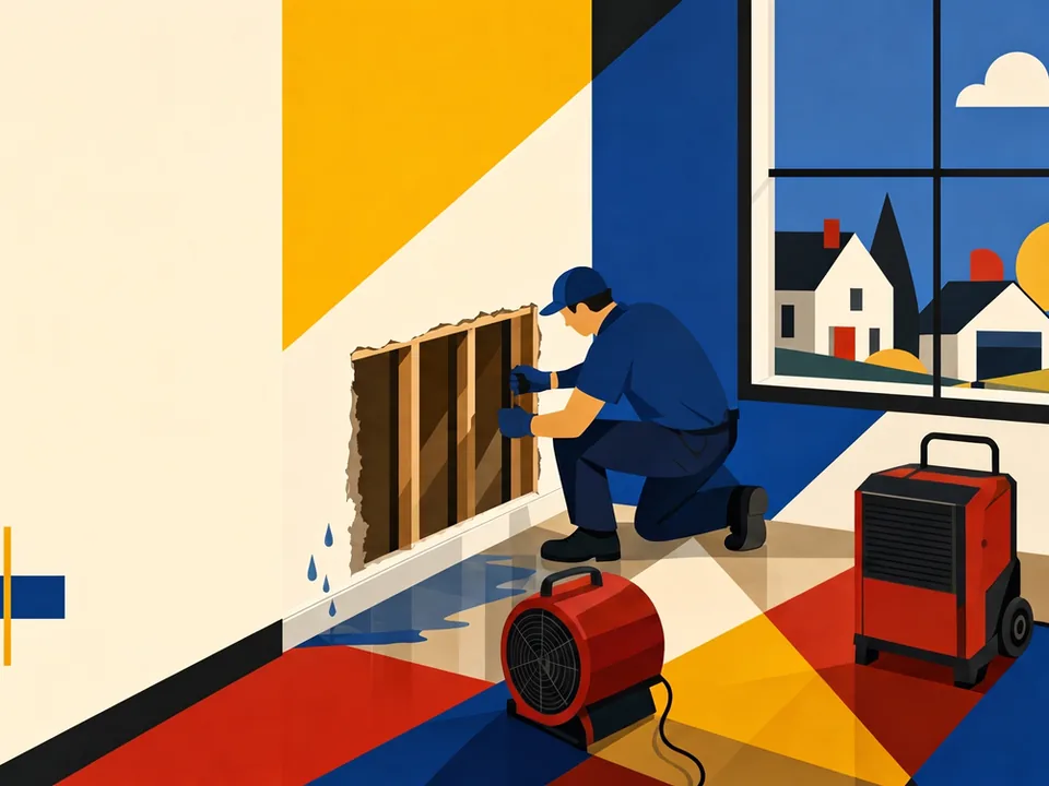 Bauhaus style illustration of a technician opening a wet wall beside drying equipment