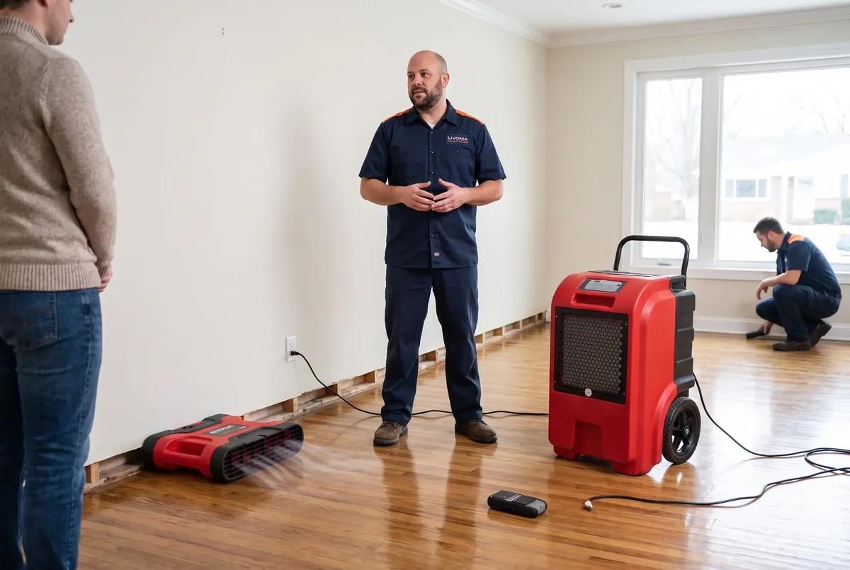 Technician standing in a room with a dehumidifier and an air mover along an opened wall base