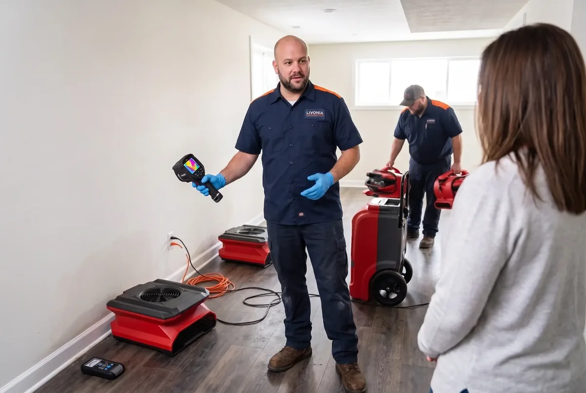Technician holding a thermal camera while talking with a homeowner in a hallway