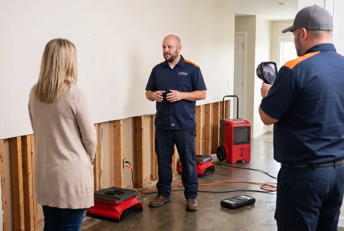 Technician standing in a room with opened wall studs and a dehumidifier running